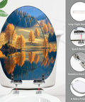 Elongated Toilet Seat for Bathroom with fall scenery design, measures 14.5" x 18.5", features stainless steel hinge.