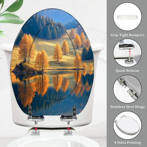 Elongated Toilet Seat for Bathroom with fall scenery design, measures 14.5" x 18.5", features stainless steel hinge.
