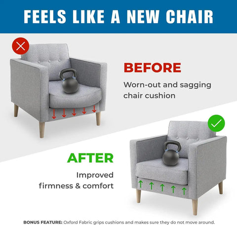Heavy Duty Chair Cushion Support For Sagging Cushions 17x22 Inch Reinforced Plywood Seat Saver Before After Comparison