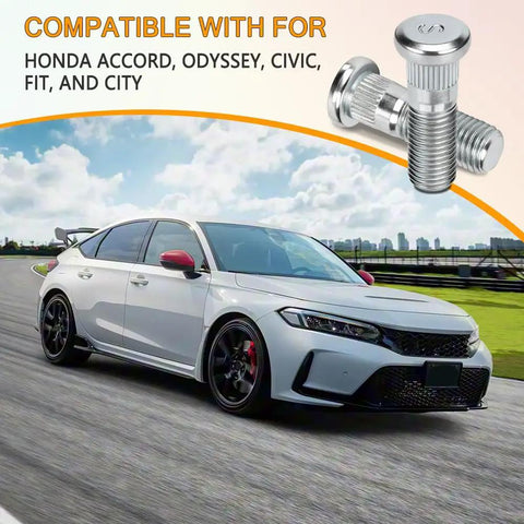 Straight Up Heavy Duty 5 Pack Car Wheel Studs And Steel Lug Bolts 44 Mm Long front view of a white Honda with highlighted wheel studs.