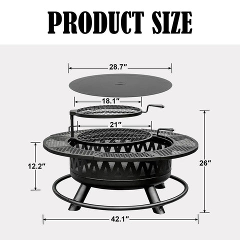42 Inch Outdoor Fire Pit Table With Dual Grills And Lid For Bonfires, Camping, Picnics, Backyard Parties And Patio Heating