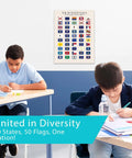Students studying under 50 State Flags Of The USA Wall Art Pack For Classrooms And Home Study Updated Modern Social Studies Charts Unframed Decor