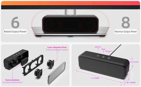 USB Computer Speakers For Desktop And Laptop, Wired Plug In Sound Bar With Beefy Bass, Touch Control, shown with components and dimensions