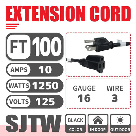 Image of Heavy Duty Outdoor Extension Cord 100 Ft with 16/3 SJTW Cable, 3 Prong Grounded Plug details, black color, 1250W, 10A.