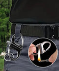 Infinity Lighter With Multitool Keychain Bottle Opener attached to belt, with close-up of the lit kerosene flame