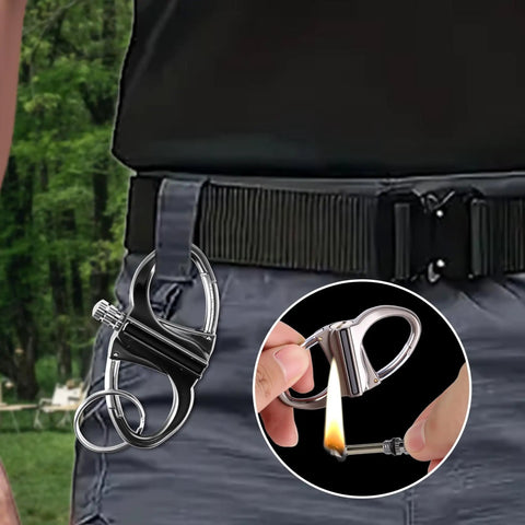 Infinity Lighter With Multitool Keychain Bottle Opener attached to belt, with close-up of the lit kerosene flame