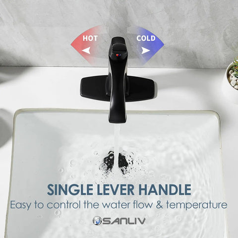 Overhead view of Matte Black Bathroom Faucet With One Hole And Deck Plate pouring water into a sink, single lever handle shown.