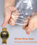 Crystal Clear 100 Count Heat Shrink Pouches Solid Bang For Your Buck Shrink Wrap Bags showing hands demonstrating durability and stretch.