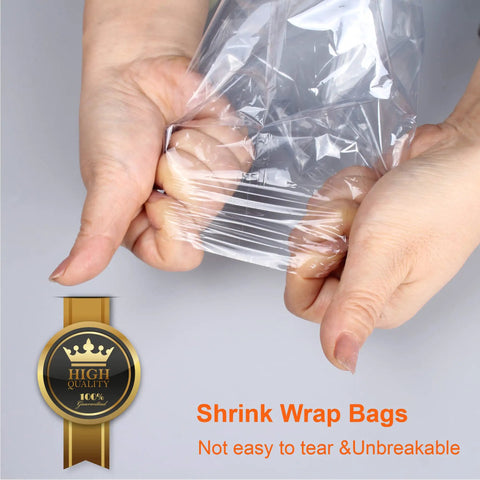 Crystal Clear 100 Count Heat Shrink Pouches Solid Bang For Your Buck Shrink Wrap Bags showing hands demonstrating durability and stretch.