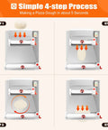 Pro Level Automatic Pizza Dough Press Expanding Four To Sixteen Inches showcasing 4-step dough preparation process.