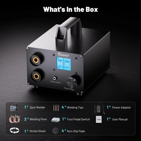 Battery Powered Spot Welder With Upgraded LCD Screen 80 Gear Adjustable Output box contents including welding accessories