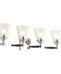 Chrome 4-Light Vanity Light Wall Sconce with clear seeded glass shades, reversible mount, 28.5 inches long, LED bulbs included.