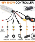 48V 1000W controller for Heavy Duty Ebike Conversion Kit with wiring connections, compatible with fat tire bikes.