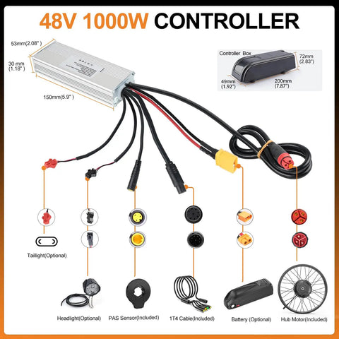 48V 1000W controller for Heavy Duty Ebike Conversion Kit with wiring connections, compatible with fat tire bikes.