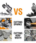 Comparison of Powerful 10 Amp Portable Band Saw With Lightweight Aluminum Base and traditional saw, highlighting cutting differences.