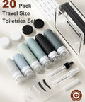Must Have 20 Pack Travel Toiletry Bottles Set With Leakproof Silicone Containers TSA Approved Includes Bag Spray Bottles Cream Jars Funnel Labels Cleaning Brush And Spatulas For Airplane And Cruise Essentials arranged on surface