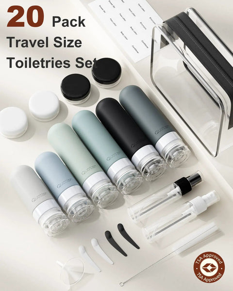 Must Have 20 Pack Travel Toiletry Bottles Set With Leakproof Silicone Containers TSA Approved Includes Bag Spray Bottles Cream Jars Funnel Labels Cleaning Brush And Spatulas For Airplane And Cruise Essentials arranged on surface