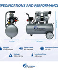 Specifications of Ultra Quiet Oil Free Air Compressor With An Eight Gallon Aluminum Tank And Hassle Free Rolling Wheels, 60 Decibels.