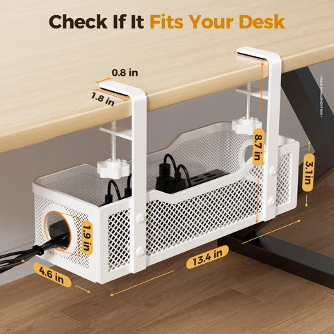 Under Desk Cable Management Tray White Clamp On No Drill Wire Organizer for office shown holding cables on wooden desk