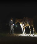 Person using 6000 Lumen Rechargeable Handheld Spotlight Flashlight With Car Charger Adapter REVO Portable Outdoor Beast at night with horse