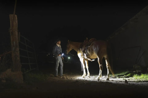 Person using 6000 Lumen Rechargeable Handheld Spotlight Flashlight With Car Charger Adapter REVO Portable Outdoor Beast at night with horse