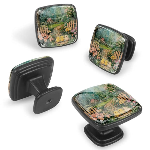 Four Pack Square Cabinet Knobs For Kitchen And Bath Spring Flowers Chicks Fence Style Easy Install Drawer Pulls