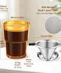 Single Serve Immersion Coffee Maker With Glass Pour Over Dripper And Reusable Stainless Steel Filter Manual Brew On The Go Coffee Maker For Home Office Travel 380ml Cup with dimensions and features.