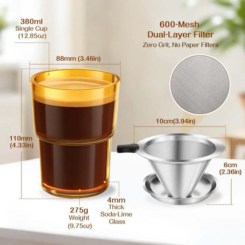 Single Serve Immersion Coffee Maker With Glass Pour Over Dripper And Reusable Stainless Steel Filter Manual Brew On The Go Coffee Maker For Home Office Travel 380ml Cup with dimensions and features.