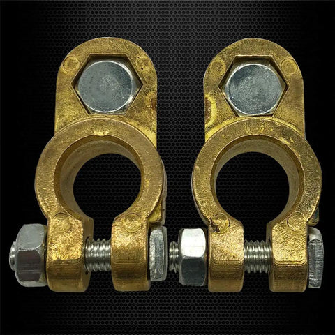 Beefy Brass Top Post Battery Terminal Connectors Set For Positive And Negative, Marine Car Boat RV Ready, Direct Fit Cable Ends