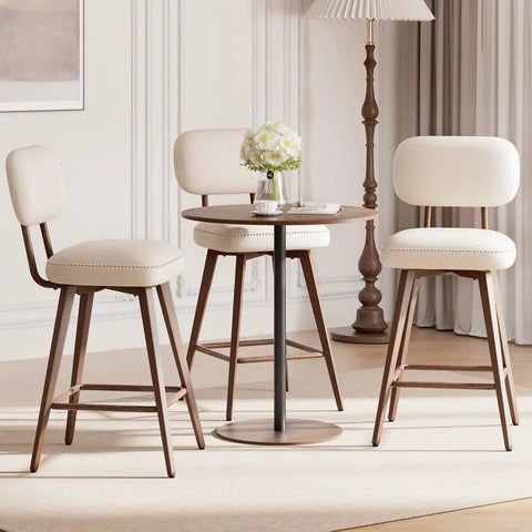 26 Inch Swivel Bar Stools Set Of 2 Beige PU Leather Counter Height Chairs With Low Back And Metal Legs, Slick Mid Century Modern Style