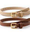 Fresh 4 Pack Skinny Belts For Women Soft Pu Leather Thin Waist Belt With Shiny Gold Buckle in beige and brown.
