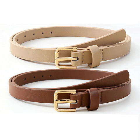Fresh 4 Pack Skinny Belts For Women Soft Pu Leather Thin Waist Belt With Shiny Gold Buckle in beige and brown.