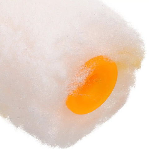No Sweat Replacement Paint Roller Sleeve Covers For Silky Smooth Interior Wall Coatings And Textured Surfaces With Nearly Zero Lint Drop For Chill DIY Projects And Studio Quality Results Two Pack, close-up of sleeve with orange end.