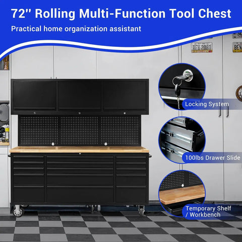 72 Inch Rolling Tool Chest With 3 Upper Cabinets And 15 Drawers, Pegboard, Large Mobile Toolbox On Wheels For Garage Workshop