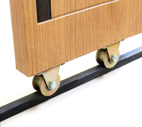 Sliding Gate Roller System With H Track Rail, Heavy Duty 100 Mm Caster Set in use on a wooden door