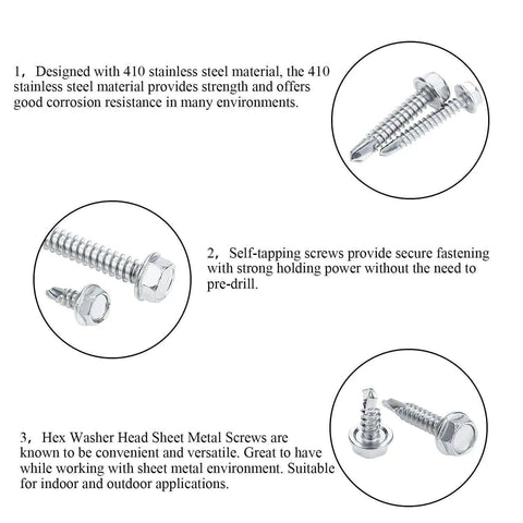 320 Piece 410 Stainless Steel Hex Washer Head Self Drilling Sheet Metal Screws Assortment Kit showcasing screw details in diagram