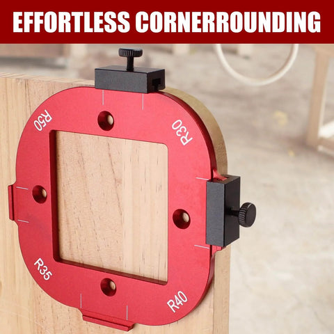 Two Pack Aluminum Router Corner Radius Template Set R10 To R50 CNC Machined Pro Grade Arc Guide installed on wood piece