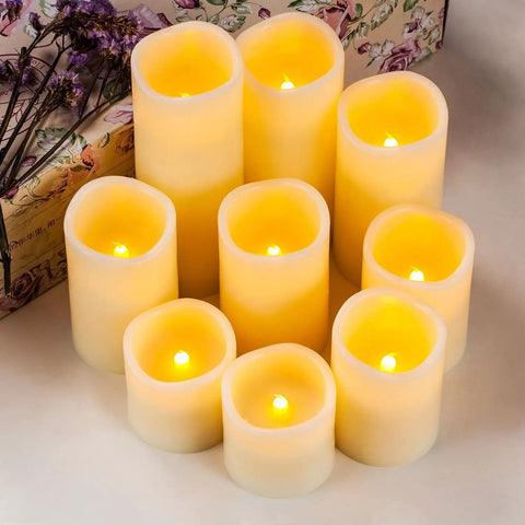 Nine Piece Flameless Candle Set With Real Wax Pillars In 3, 3, 4, 4, 5, 5, 6, 7, And 8 Inches, Battery Operated LED With Remote Timer