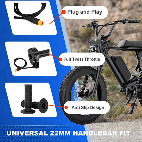 Plug And Play Full Twist Throttle With Preinstalled Grips For Electric Dirt Bikes 3 Pin Surron Style 12V-72V Compatible With HappyRun Freego Heybike And More No Hassle Installation Ride Ready