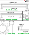 Dimension guide of Gold Brushed 7 Piece Bathroom Accessory Kit Wall Mounted Featuring 23.62 Inch Double Towel Bar