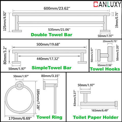 Dimension guide of Gold Brushed 7 Piece Bathroom Accessory Kit Wall Mounted Featuring 23.62 Inch Double Towel Bar