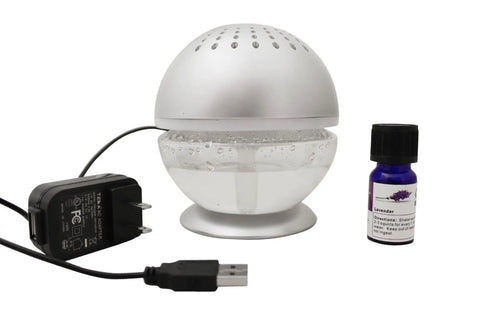 Little Squirt Glowing Water Air Revitalizer And Diffuser with 10ml Lavender Oil, USB charger, silver finish, 4.25in dia, 5in height