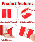 Product features of Clear Plastic Hinges 8 Pack Self Adhesive Acrylic Piano Hinges, showing foldability and self-adhesive material.