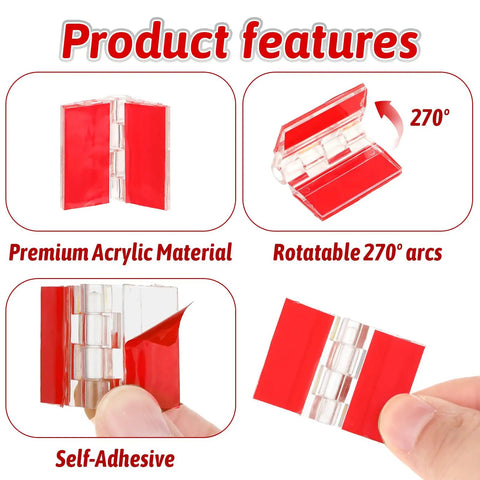 Product features of Clear Plastic Hinges 8 Pack Self Adhesive Acrylic Piano Hinges, showing foldability and self-adhesive material.
