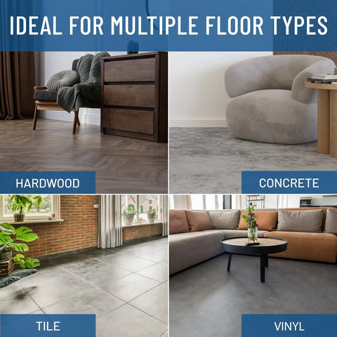 Image showcasing different floor types: hardwood, concrete, tile, and vinyl, compatible with Anti Slip Rug Grips For Hardwood Floors No Damage Floor To Carpet Tape Holds Rugs In Place Washable And Reusable Double Sided Rug Tape 12 Pack Safe For High Traffic Areas Like Kitchens Living Rooms And Halls.