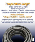 Coiled Heavy Duty 3/8 Inch Rubber Air Brake Hose 50 Foot Roll Black Replacement for 9003006 with text about temperature range
