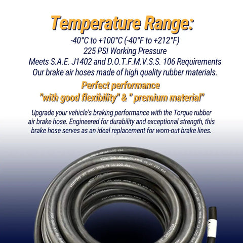 Coiled Heavy Duty 3/8 Inch Rubber Air Brake Hose 50 Foot Roll Black Replacement for 9003006 with text about temperature range