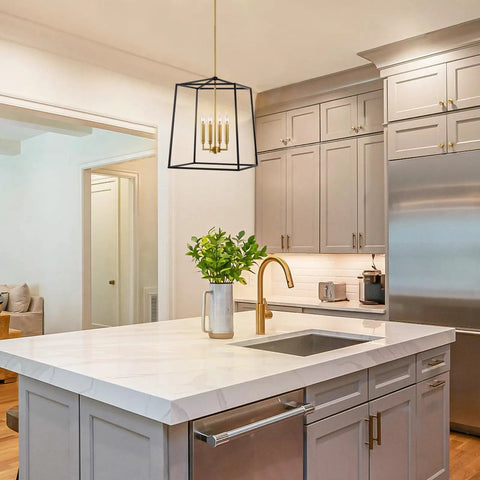 Dope Two Tone Farmhouse 4 Light Pendant Chandelier In Black And Warm Brass above modern kitchen island lighting