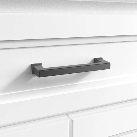 10 Pack Matte Black Door And Drawer Pulls, Four Inch Center To Center Cabinet Hardware For Kitchen And Bath installed on cabinet