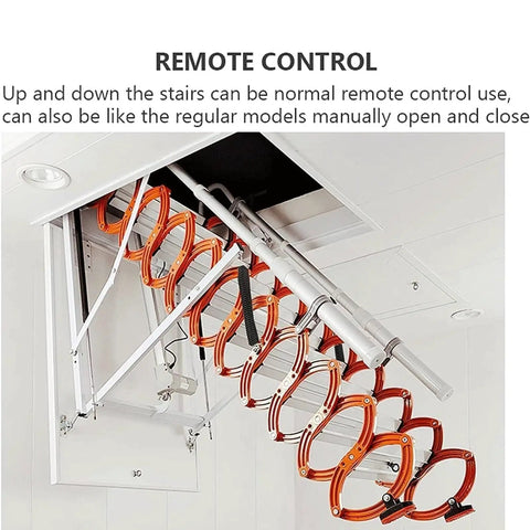 Electric Pull Down Attic Ladder With One Touch Remote Control Retractable Folding Ceiling Stair showing remote control mechanism.